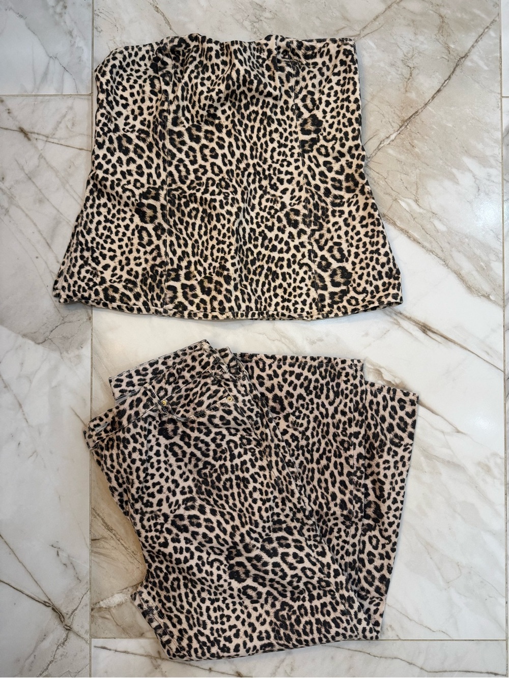 RIVER ISLAND Denim Leopard Print Bandeau & Straight Leg Jean Set - Black/Tab 14